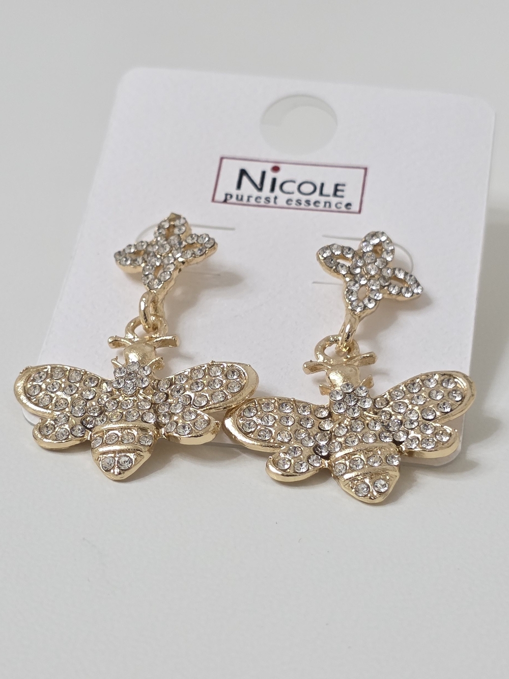 Nicole Gold Rhinestone Paved Bee Dangle Drop Earrings